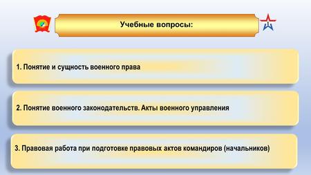 Учебные вопросы: 1 1. Понятие и сущность военного права 2. Понятие военного законодательств. Акты военного управления 2. Понятие военного законодательств.