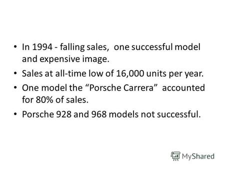 In 1994 - falling sales, one successful model and expensive image. Sales at all-time low of 16,000 units per year. One model the Porsche Carrera accounted.