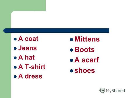 A coat Jeans A hat A T-shirt A dress Mittens Boots A scarf shoes.