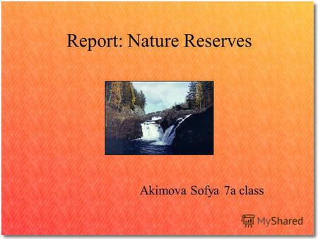 Report: Nature Reserves Akimova Sofya 7a сlass. Nature Reserves works to protect wildlife and wild places and to ensure a healthy environment for all.