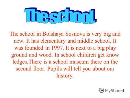 The school in Bolshaya Sosnova is very big and new. It has elementary and middle school. It was founded in 1997. It is next to a big play ground and wood.