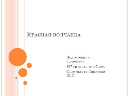 К РАСНАЯ ВОЛЧАНКА Подготовила студентка 507 группы лечебного Факультета Тарасова Ю.Г.