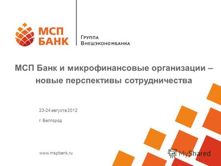 Www.mspbank.ru МСП Банк и микрофинансовые организации – новые перспективы сотрудничества 23-24 августа 2012 г. Белгород.