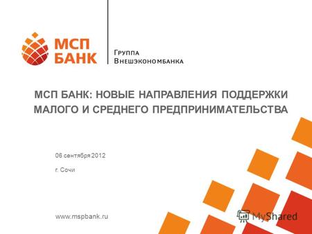 Www.mspbank.ru МСП БАНК: НОВЫЕ НАПРАВЛЕНИЯ ПОДДЕРЖКИ МАЛОГО И СРЕДНЕГО ПРЕДПРИНИМАТЕЛЬСТВА 06 сентября 2012 г. Сочи.