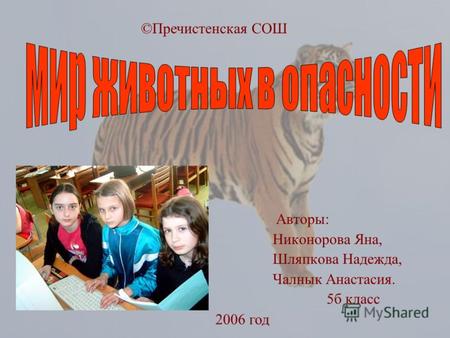 Авторы: Никонорова Яна, Шляпкова Надежда, Чалнык Анастасия. 5б класс ©Пречистенская СОШ 2006 год.