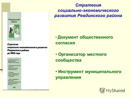 1 Стратегия социально-экономического развития Ревдинского района Документ общественного согласия Организатор местного сообщества Инструмент муниципального.