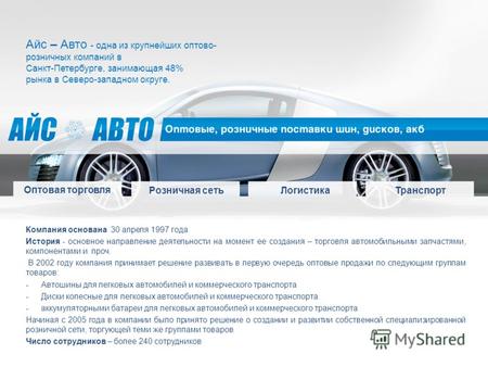 Айс – Авто - одна из крупнейших оптово- розничных компаний в Санкт-Петербурге, занимающая 48% рынка в Северо-западном округе. Компания основана 30 апреля.