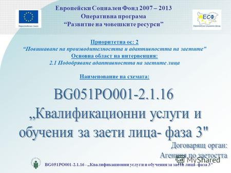 Европейски Социален Фонд 2007 – 2013 Оперативна програма Развитие на човешките ресурси BG051PO001-2.1.16 - Квалификационни услуги и обучения за заети лица-