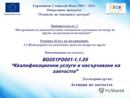 Европейски Социален Фонд 2007 – 2013 Оперативна програма Развитие на човешките ресурси BG051PO001-1.1.09 Квалификационни услуги и насърчаване на заетостта.