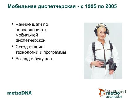 Мобильная диспетчерская - с 1995 по 2005 Ранние шаги по направлению к мобильной диспетчерской Сегодняшние технологии и программы Взгляд в будущее.