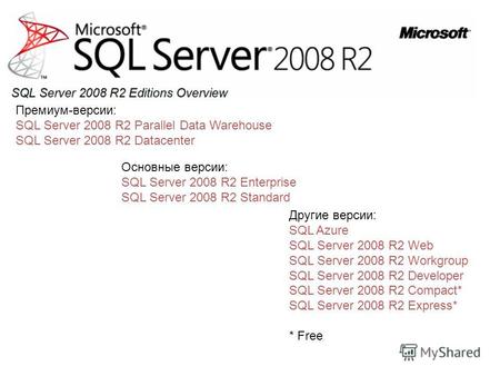 Премиум-версии: SQL Server 2008 R2 Parallel Data Warehouse SQL Server 2008 R2 Datacenter Основные версии: SQL Server 2008 R2 Enterprise SQL Server 2008.