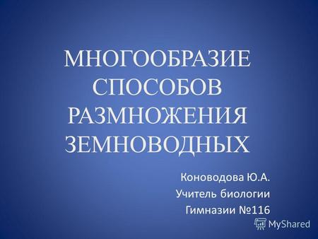 МНОГООБРАЗИЕ СПОСОБОВ РАЗМНОЖЕНИЯ ЗЕМНОВОДНЫХ Коноводова Ю.А. Учитель биологии Гимназии 116.