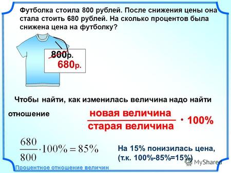 Футболка стоила 800 рублей. После снижения цены она стала стоить 680 рублей. На сколько процентов была снижена цена на футболку? 800 800 р. 680 р. Чтобы.