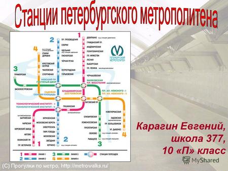 Карагин Евгений, школа 377, 10 «П» класс Недавно петербургскому метрополитену исполнилось 50 лет. За полвека существования было построено 60 станций.