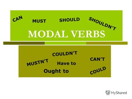 MODAL VERBS CAN COULD MUST SHOULD CANT MUSTNT SHOULDNT COULDNT Ought to Have to.