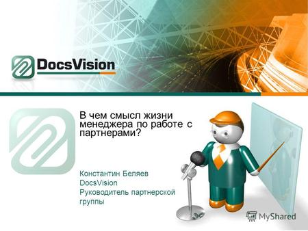 В чем смысл жизни менеджера по работе с партнерами? Константин Беляев DocsVision Руководитель партнерской группы.