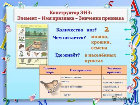 Количество ног? Чем питается? Где живёт? 2 мошки,крошки,семена в населённых пунктах Элемент мира Имя признака Значение признака ? количество ног 2 пища.