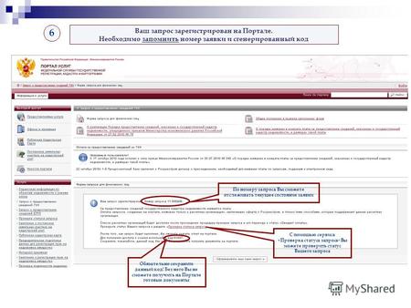 6 Ваш запрос зарегистрирован на Портале. Необходимо запомнить номер заявки и сгенерированный код С помощью сервиса «Проверка статуса запроса» Вы можете.