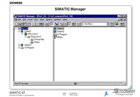 Date:21.09.2014 File:PRO1_02E.1 SIMATIC S7 Siemens AG 1999. All rights reserved. Information and Training Center Knowledge for Automation SIMATIC Manager.