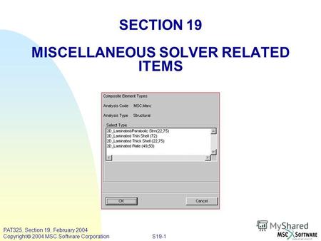 S19-1 PAT325, Section 19, February 2004 Copyright 2004 MSC.Software Corporation SECTION 19 MISCELLANEOUS SOLVER RELATED ITEMS.