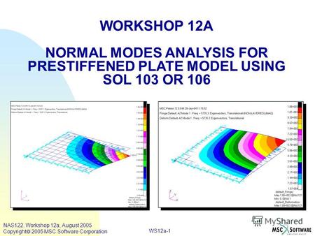 WS12a-1 WORKSHOP 12A NORMAL MODES ANALYSIS FOR PRESTIFFENED PLATE MODEL USING SOL 103 OR 106 NAS122, Workshop 12a, August 2005 Copyright 2005 MSC.Software.
