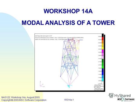 WS14a-1 WORKSHOP 14A MODAL ANALYSIS OF A TOWER NAS122, Workshop 14a, August 2005 Copyright 2005 MSC.Software Corporation.
