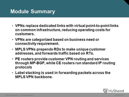 © 2005 Cisco Systems, Inc. All rights reserved. MPLS v2.24-1 Module Summary VPNs replace dedicated links with virtual point-to-point links on common infrastructure,