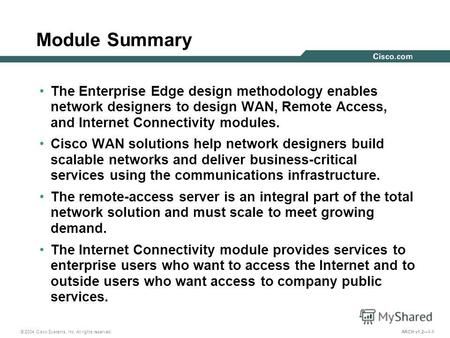 © 2004 Cisco Systems, Inc. All rights reserved. ARCH v1.21-1 Module Summary The Enterprise Edge design methodology enables network designers to design.