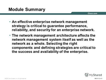 © 2004 Cisco Systems, Inc. All rights reserved. ARCH v1.24-1 Module Summary An effective enterprise network management strategy is critical to guarantee.