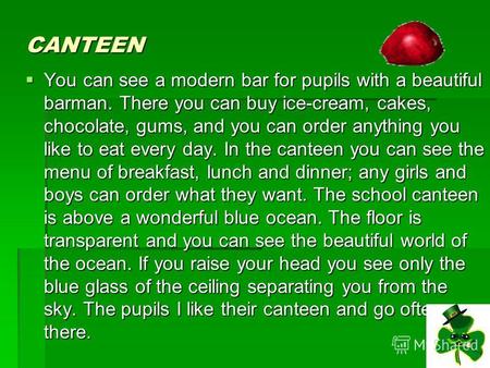 CANTEEN You can see a modern bar for pupils with a beautiful barman. There you can buy ice-cream, cakes, choco­late, gums, and you can order anything you.