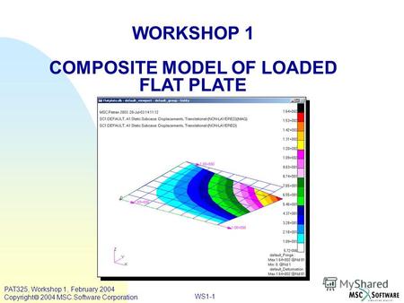 WORKSHOP 1 COMPOSITE MODEL OF LOADED FLAT PLATE WS1-1 PAT325, Workshop 1, February 2004 Copyright 2004 MSC.Software Corporation.