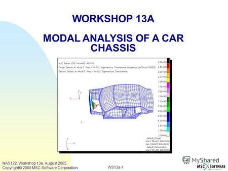 WS13a-1 WORKSHOP 13A MODAL ANALYSIS OF A CAR CHASSIS NAS122, Workshop 13a, August 2005 Copyright 2005 MSC.Software Corporation.