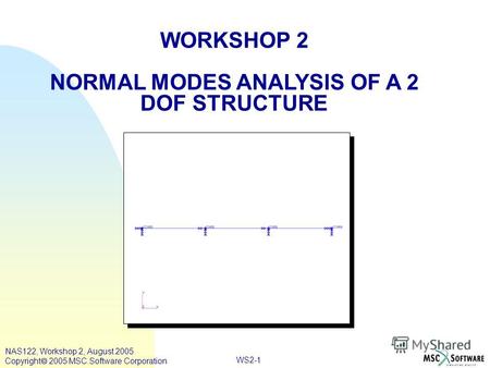 WS2-1 WORKSHOP 2 NORMAL MODES ANALYSIS OF A 2 DOF STRUCTURE NAS122, Workshop 2, August 2005 Copyright 2005 MSC.Software Corporation.