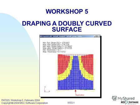WORKSHOP 5 DRAPING A DOUBLY CURVED SURFACE WS5-1 PAT325, Workshop 5, February 2004 Copyright 2004 MSC.Software Corporation.