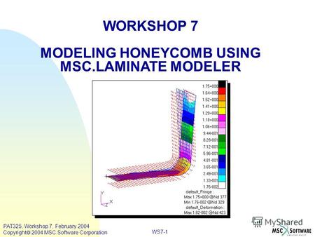 WORKSHOP 7 MODELING HONEYCOMB USING MSC.LAMINATE MODELER WS7-1 PAT325, Workshop 7, February 2004 Copyright 2004 MSC.Software Corporation.