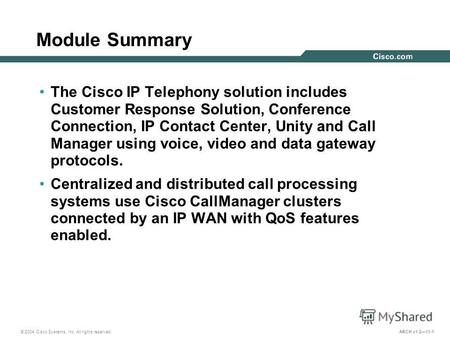 © 2004 Cisco Systems, Inc. All rights reserved. ARCH v1.211-1 Module Summary The Cisco IP Telephony solution includes Customer Response Solution, Conference.