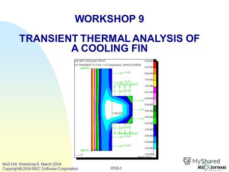 WS9-1 WORKSHOP 9 TRANSIENT THERMAL ANALYSIS OF A COOLING FIN NAS104, Workshop 9, March 2004 Copyright 2004 MSC.Software Corporation.