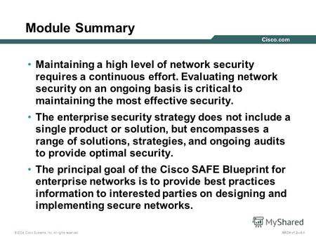 © 2004 Cisco Systems, Inc. All rights reserved. ARCH v1.26-1 Module Summary Maintaining a high level of network security requires a continuous effort.