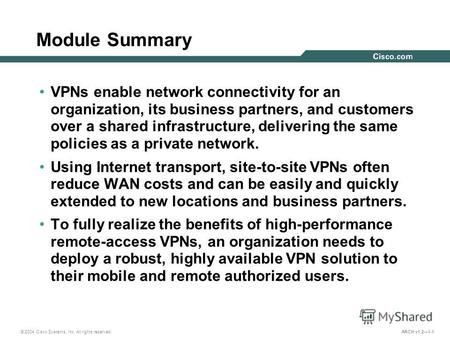 © 2004 Cisco Systems, Inc. All rights reserved. ARCH v1.21-1 Module Summary VPNs enable network connectivity for an organization, its business partners,