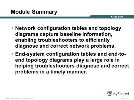 © 2005 Cisco Systems, Inc. All rights reserved. CIT v5.21 Module Summary Network configuration tables and topology diagrams capture baseline information,